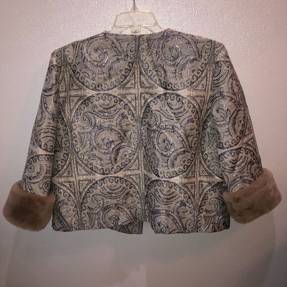 Chicos Size 3 P Silver Jacquard Brown Faux Fur Cuffs Jacket Coat US 16 18 Petite - Picture 6 of 9